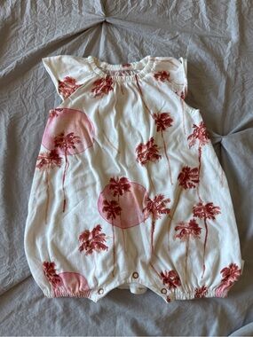 Burts Bee Baby One-Piece Romper in White with Coral Palm Print